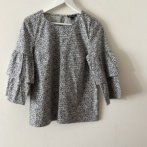 J Crew - Women's Blue and White Ruffle Sleeve Top